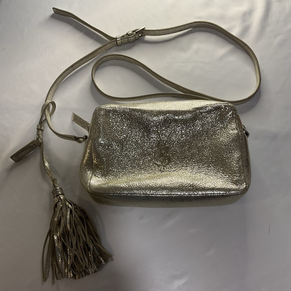 Metallic Silver YSL Crossbody Bag with Tassel
